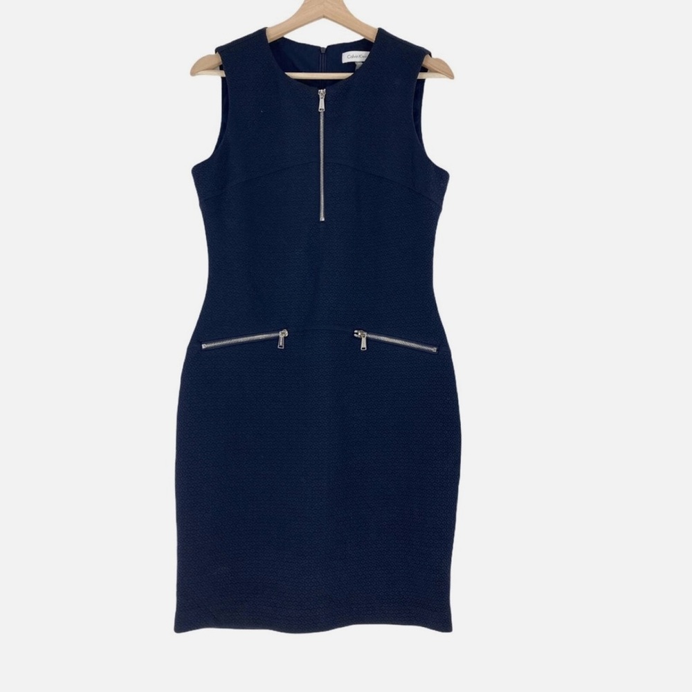 Calvin Klein Navy Blue Sheath Midi Dress Sleeveless Crew Neck